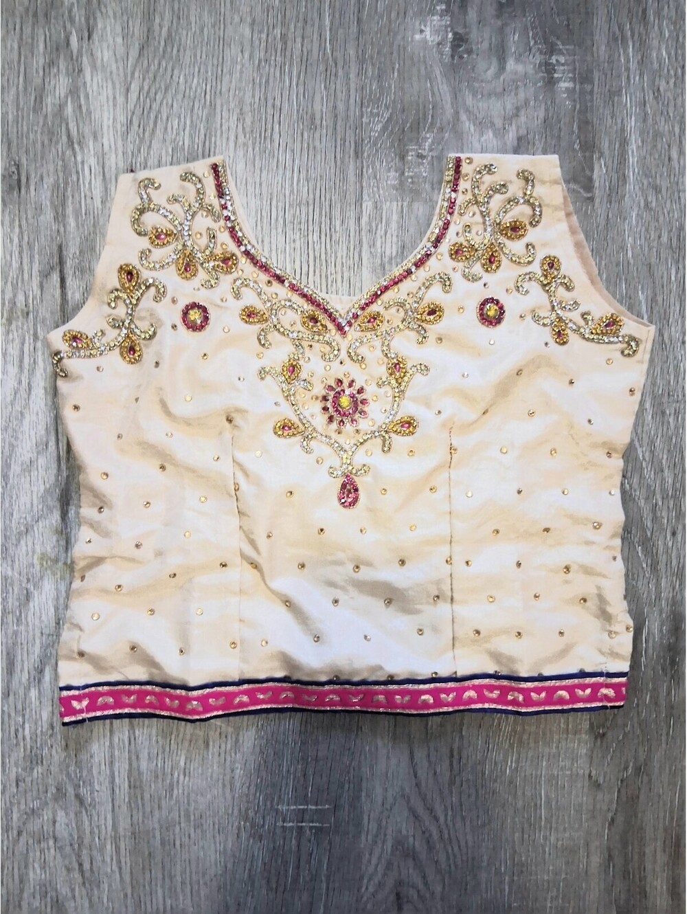 Ornate Woman's XXS Tan Lace-Up Back Pink Gold Rhinestone Choli Sleeveless Blouse